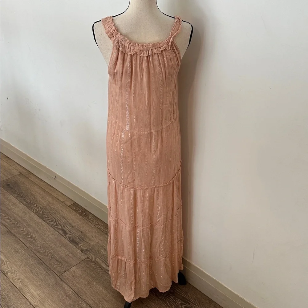 Rebellion Again Soft Pink Maxi Tiered Dress Small Gold Pinstripes - Picture 3 of 5